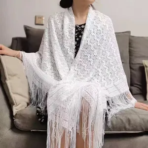Ethnic Lace Hollow Shawl Women Summer Sun Protection Large Square Scarf Wedding Party Office Warm Fringe Wrap