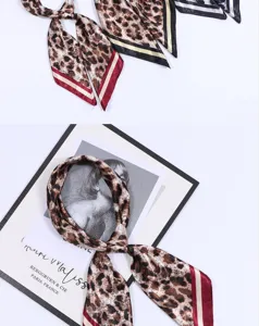 Classic leopard print silk square scarf for women, elegant fashion neckerchief and hair band.