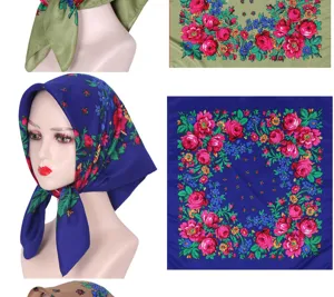 Retro floral square headscarf for women, vintage ethnic printed cotton wrap scarf.