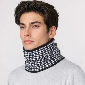 Hahnentritt Strick Halswärmer Detailansicht, klassisch schwarz weiß doppellagiger warmer Schal.