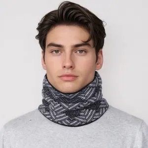 Winter fleece lined knitted neck warmer for men, thick double layer thermal outdoor snood scarf.