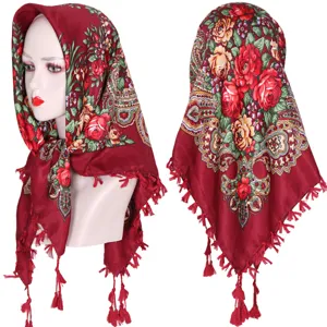 Red floral headscarf ethnic style cotton kerchief with tassels for women head wrap shawl