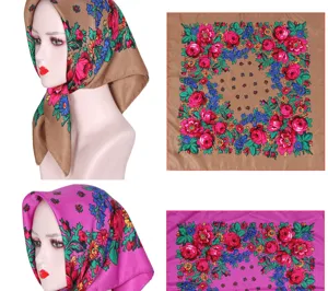 Vintage retro floral print square headscarf for women, elegant ethnic style neckerchief.