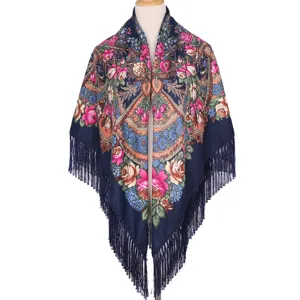 Ethnic Russian style floral print shawl with decorative fringe for women, perfect outer wear.