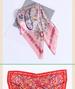 Details of the floral paisley silk square scarf, elegant women hair scarf and neckerchief.