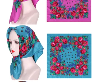 Detail view of retro ethnic floral square headscarf, versatile cotton sun protection scarf.