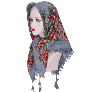 Grey floral headscarf with traditional pattern and tassels for women daily wear detail.