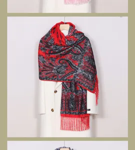 Red and black paisley print scarf for women, elegant bohemian style tassel shawl accessory.