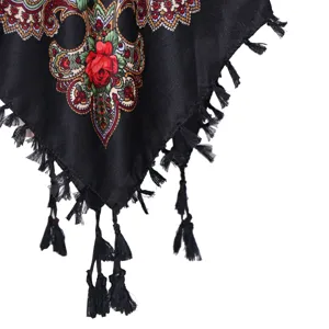 Black floral paisley print headscarf square scarf fringe detail close up elegant style