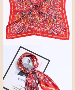 Red paisley silk square scarf 90x90cm vintage floral neckerchief for women head wrap