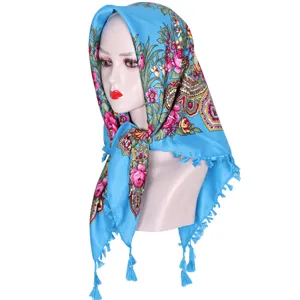 Blue floral print square headscarf ethnic style cotton turban fashion shawl for women.