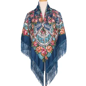 Beautiful blue floral print tassel shawl ethnic style women fashion winter wrap scarf.