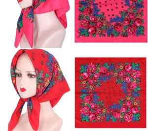 Vintage floral square headscarf women ethnic style cotton printed hair wrap sun protection