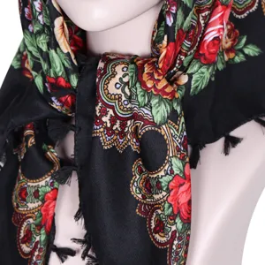Traditional ethnic floral print square scarf women black cotton headscarf with tassels.