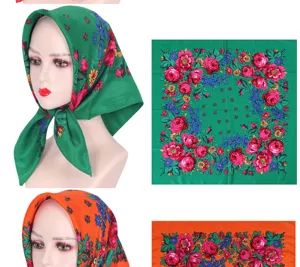 Detail view of vintage floral print square headscarf, ethnic style cotton fabric scarf for women.