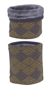 Winter fleece-lined knitted neck gaiter, double-layer thermal geometric pattern scarf.