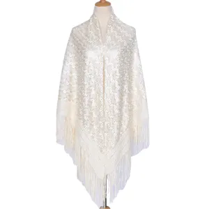 Elegant white lace hollow shawl with fringe, perfect for wedding, sun protection or office.