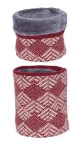 Winter fleece lined knit neck warmer detail, featuring red geometric pattern and soft grey interior.