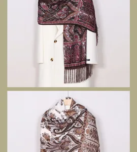 Detailed view of women bohemian paisley print fringe scarf shawl for spring autumn fashion.