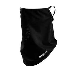 Close-up detail of the black mesh sun protection face mask with ear loops and breathable fabric.