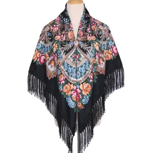 Detailed ethnic floral print fringe shawl detail view, black vintage scarf wrap.