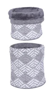 Detailed view of winter knitted fleece neck warmer, thick thermal wool gear for cold outdoor days.