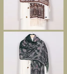 Detailed view of bohemian paisley print scarf with delicate fringe, classic pattern design.