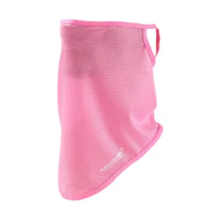 Pink mesh sun protection face mask detail showing breathable fabric and ear loops design.