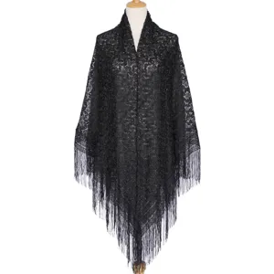 Detailed view of the black lace hollow shawl, highlighting fine floral patterns and elegant fringe.