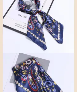 Women blue paisley floral silk scarf elegant neckerchief fashion hair band ribbon.