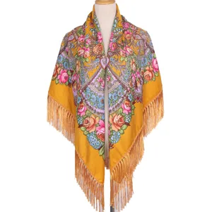 Women ethnic floral print scarf tassel shawl vintage Russian style square wrap cape soft