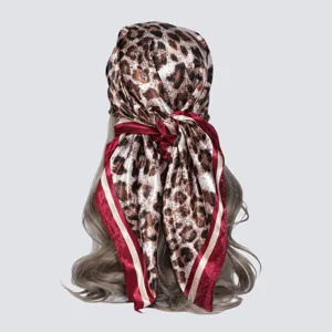 Classic leopard print satin square scarf detail view, elegant women hair accessory and headscarf.