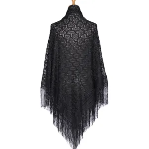 Close-up of black lace hollow fringe shawl scarf, elegant floral pattern texture fabric.