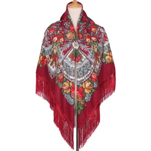 Women ethnic floral fringe square scarf retro Russian style shawl wrap red winter accessories