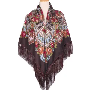 Ethnic floral print tassel shawl for women, Russian style vintage winter warm square scarf.