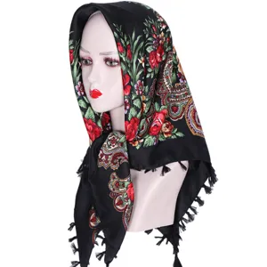 Black floral headscarf for women, vintage ethnic paisley print square hijab with tassels.