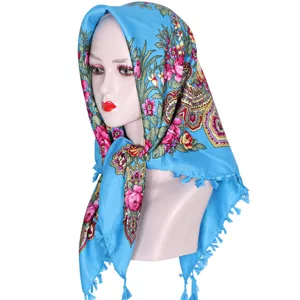 Blue floral printed headscarf ethnic style paisley scarf with fringe for women daily wear