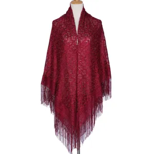 Dark red lace tassel shawl detail, elegant ethnic hollow design scarf for daily wear.