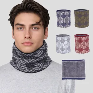 Winter Thermal Fleece Lined Knitted Snood Scarf Geometric Pattern Outdoor Windproof Warm Neck Warmer For Men And Women