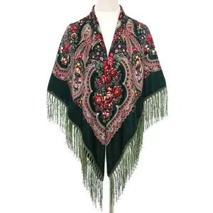 Dark green floral fringe shawl scarf, traditional pattern wrap for evening dresses and parties.