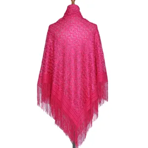 Detailed view of a vibrant pink lace hollow fringed shawl, elegant design for women style.