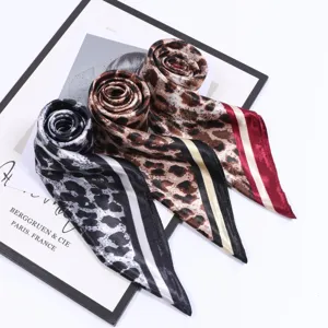 Classic leopard print square silk scarf for women, elegant 90x90cm large neckerchief stylish.