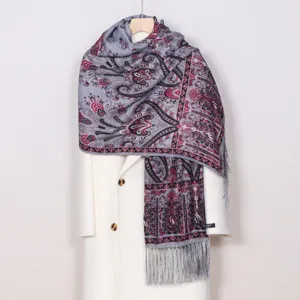 Ethnic style paisley print scarf women spring summer fashion warm tassel shawl grey