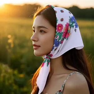 Retro floral print cotton square scarf, ethnic style vintage headscarf for women sun protection.