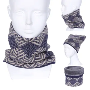 Winter fleece lined knitted neck warmer for men, double layer warm outdoor plaid infinity scarf.
