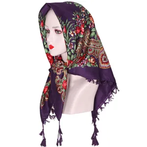 Traditional floral print headscarf with tassels, purple cotton ethnic style square scarf.