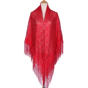 Red lace tassel shawl for women, ethnic hollow out design, elegant wedding wrap and sun protection.