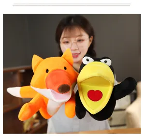 Cute fox and crow plush hand puppets, soft animal toys for kids early education and storytelling.