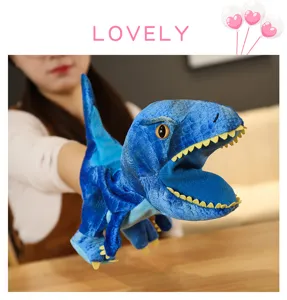 Blue dinosaur hand puppet detail showcasing soft plush texture, realistic teeth, and interactive use.
