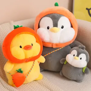 Niedliches Frucht Ente und Pinguin Plüschtier Set, weiche Kissen für Kinder und Geburtstagsgeschenke.